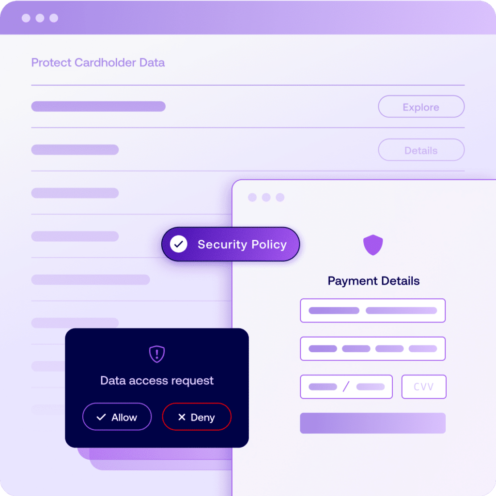 A security dashboard displaying real-time client-side protection, monitoring third-party data transfers and access requests to safeguard website functionality and compliance.